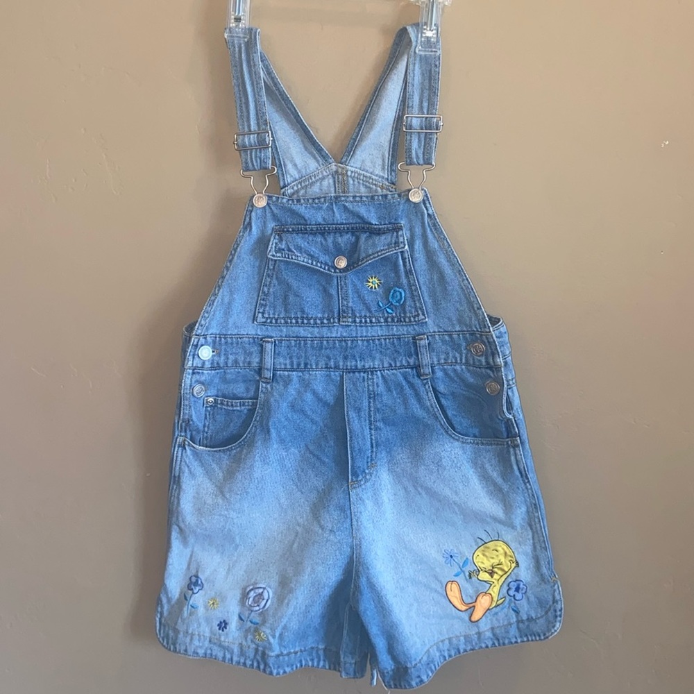 VINTAGE LOONEY TUNES GIRLS SIZE 10/12 OVERALLS SHORTS BLUE DENIM BIBS TWEEETY